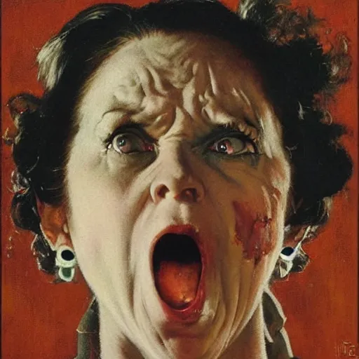 Prompt: Front portrait of an angry woman in the dark with eyes that literally glow. A painting by Norman Rockwell.