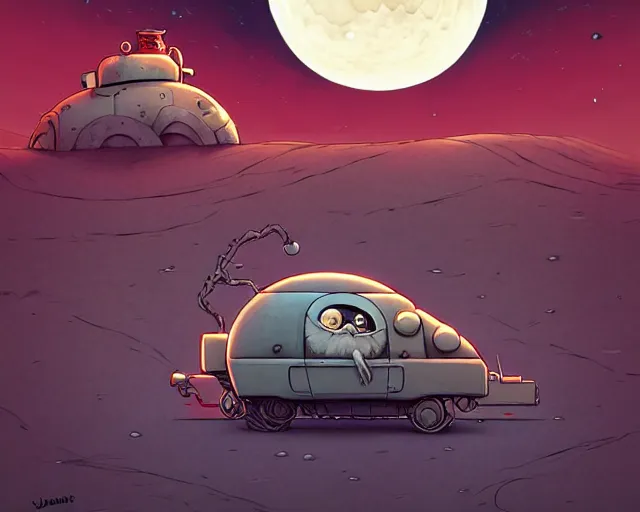 Prompt: a cell shaded cartoon grey lovecraftian mechanized santa, rotund shape, on a desert road, wide shot, in front of a big moon, muted colors, post grunge, josan gonzales, wlop, by james jean, victor ngai, hq, deviantart, art by artgem