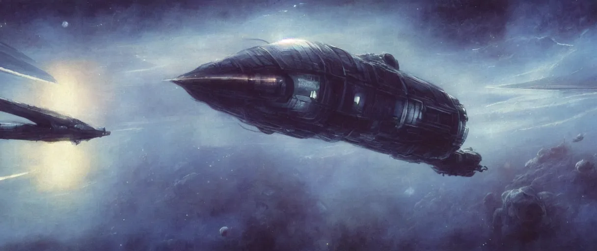 Prompt: concept art, small spaceship drifting in space, industrial design, industrial apparent, immensity, wide angle, cinematic lighting, 4k, widescreen ratio, by beksinski