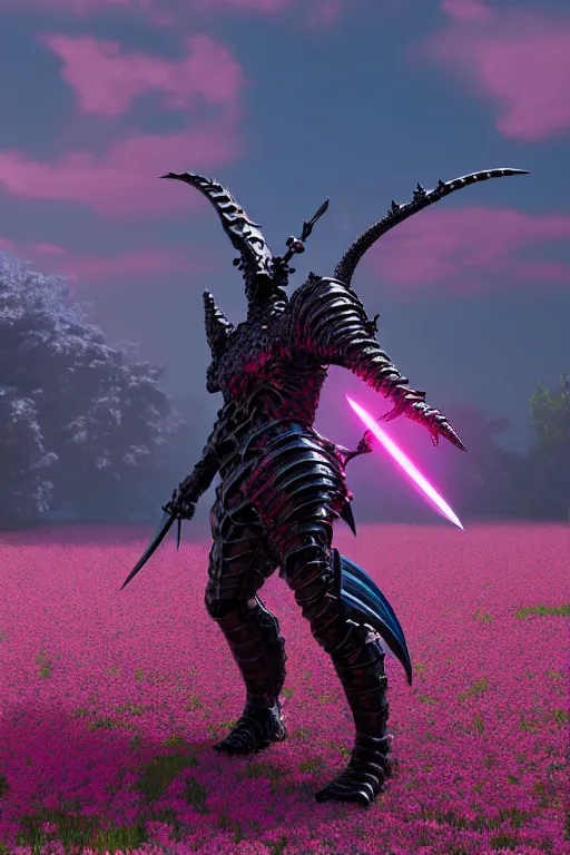 Image similar to high quality 3 d neo - gothic armored human dragon hybrid with sword in a field of pink flowers, highly detailed unreal engine, vitaly bulgarov dramatic dark teal light, ground angle hd 8 k, sharp focus