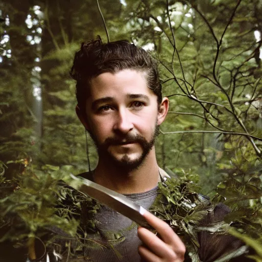 Image similar to Moonlit long shot of Shia Labeouf, eyes glinting, smiling eerily and holding a knife, peering through foliage in the forest at night, Eastman Color Negative II 100T 5247, ARRIFLEX 35 BL Camera