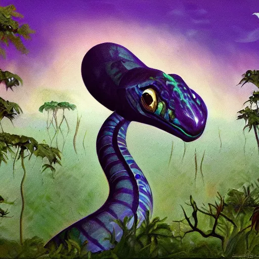 Prompt: small purple sea serpent head, huge white eyes, in the mangroves, green water and brown, marshes, trending on artstation, 4 k, video game art, oil painting