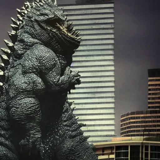 Image similar to A building is being hugged by Godzilla. Godzilla loves the building. The building is less sure about the relationship