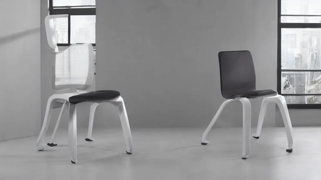 Prompt: a futuristic ladderback side chair in a white airy room