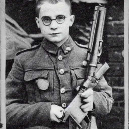 Prompt: old wartime photograph of harry potter holding a lewis gun, 1 9 1 7