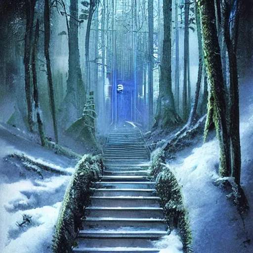 Image similar to stairs leading to a frozen derelict portal in a middle of a snowy lush futuristic forest, green lush world seen only through a portal, daylight, cinematic lighting, blue sky, syd mead, john harris
