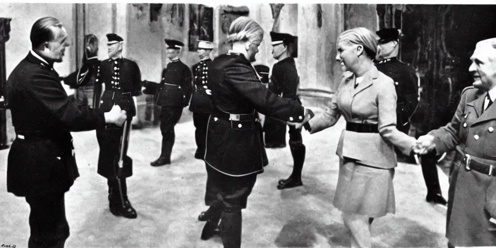Image similar to Historical photography of Marine Le Pen meeting with Adolf Hitler, colorized