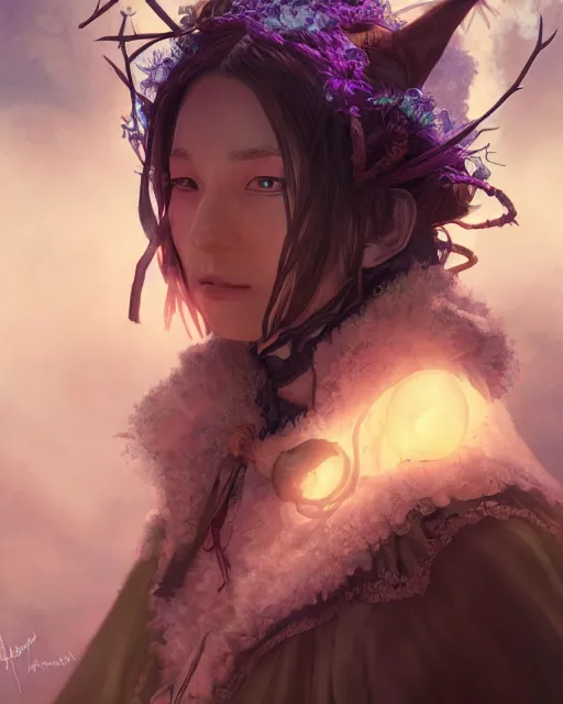 Image similar to portrait of a village witch, beautiful, fantasy, colorful, cinematic lighting, artstation, trending, highly detailed, focus, smooth, by hirohiko araki and yoshitaka amano