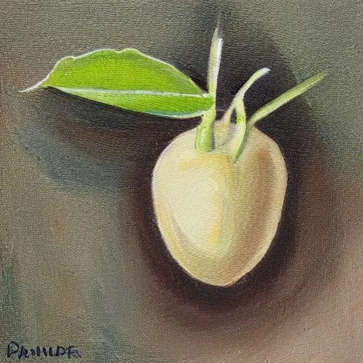 Prompt: detailed painting of a single small seed sitting on loose fresh earth, ready to plany. muted colors and natural tones.