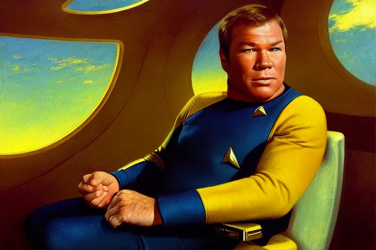 Image similar to young captain kirk ( william shatner ), the handsome captain from star trek, in his gold uniform, sitting in the captain ’ s chair on the bridge of the starship enterprise. he looks smug. oil painting in the style of edward hopper and ilya repin gaston bussiere, craig mullins. warm colors. detailed and hyperrealistic.