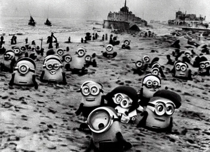 Image similar to despicable me minions storming the beaches of Normandy on d-day, world war 2 old photo, grainy