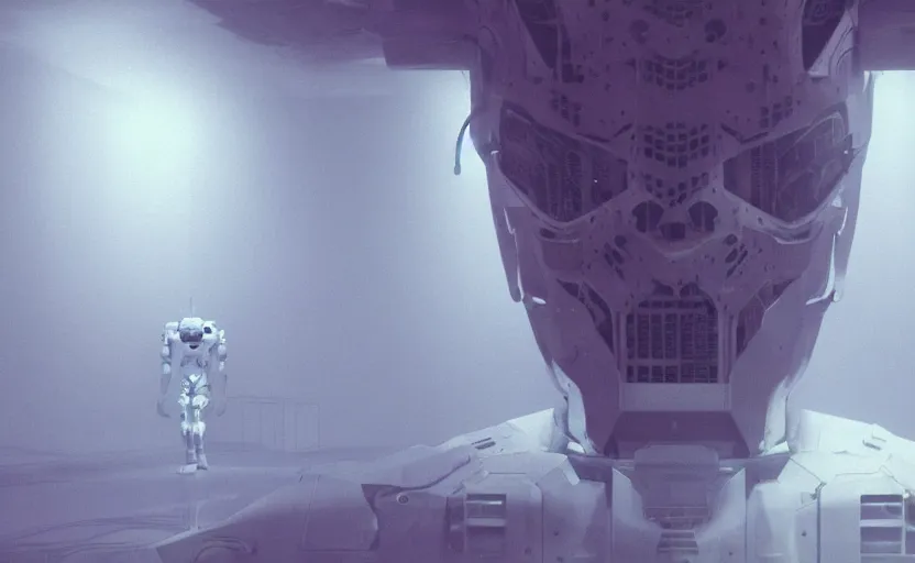 Image similar to extremely detailed cinematic movie still 3 0 7 7 foggy portrait shot of a robot in an endless data centre by denis villeneuve, wayne barlowe, simon birch, marc simonetti, philippe druillet, beeple, bright volumetric sunlight from small windows, rich moody colors, closeup