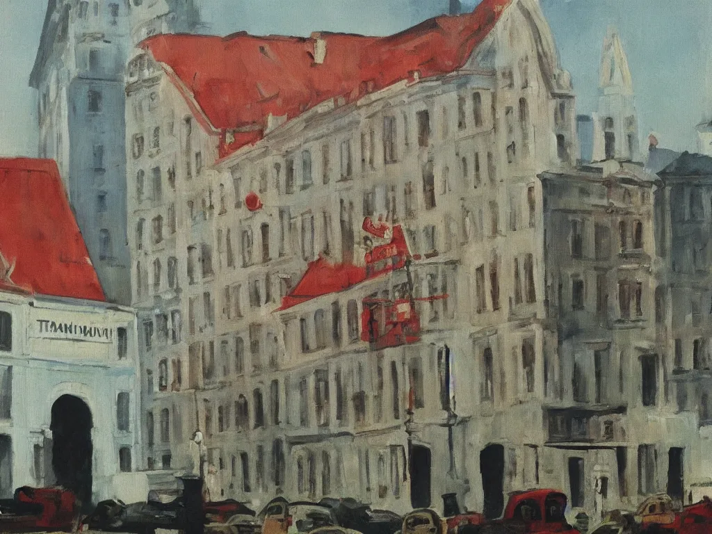 Prompt: headquarters of transylvanian software company in communist times. painting by hopper