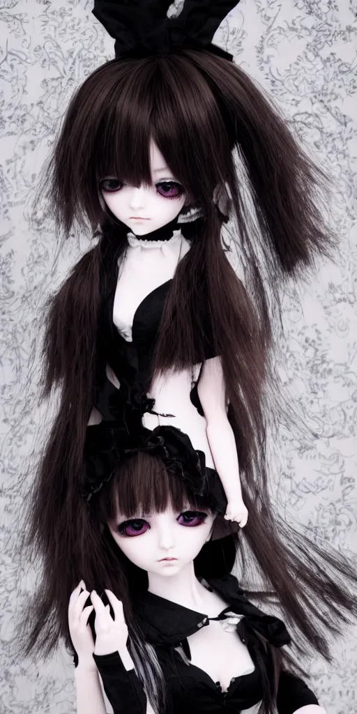 Prompt: Realistic anime doll girl in gothic suit