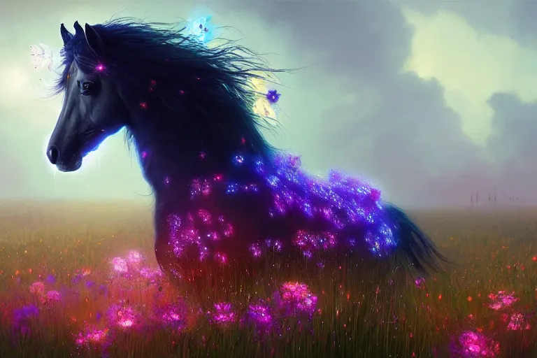 Prompt: a stunning digital painting of a horse with a mane of bioluminescent flowers running through a field of flowers by greg rutkowski, flowerpunk, volumetric light, digital art, fine detail, photorealistic