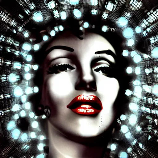 Prompt: beautiful centered Fine art photo portrait of Marilyn Monroe as a solarpunk robotic humanoid, black mechanical parts with led lights, photorealistic, white background wall, highly detailed and intricate, outdoor lighting, HDR 8k