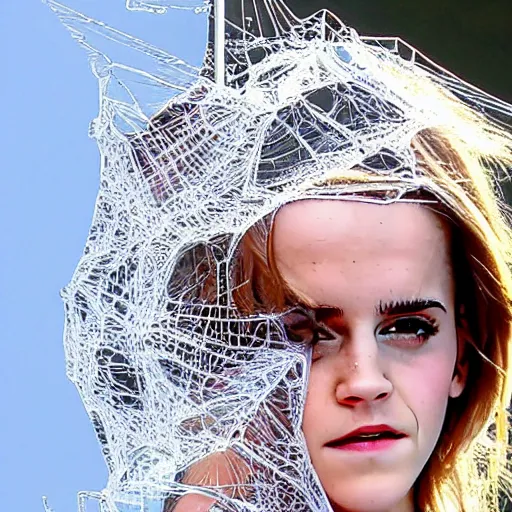 Prompt: frustrated emma watson dangling and trapped in giant spider webs