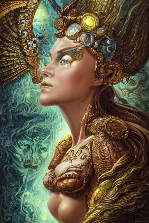 Image similar to Mystical Valkyrie, Portrait of a beautiful female Atlantean Reptilian Warrior, Realistic, Regal, Refined, Detailed Digital Art, Michael Cheval, Walt Disney (1937), François Boucher, Oil Painting, Steampunk, Josephine wall, Highly Detailed, Cinematic Lighting, Unreal Engine, 8k, HD