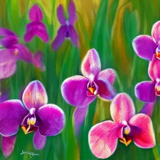 Image similar to impressionist painting of orchids in sunlight hd