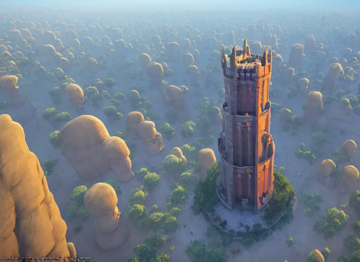 Image similar to overhead view of the great tower of the south in the desert of duhnes medium shot, studio ghibli, pixar and disney animation, sharp, rendered in unreal engine 5, anime key art by greg rutkowski, bloom, dramatic lighting