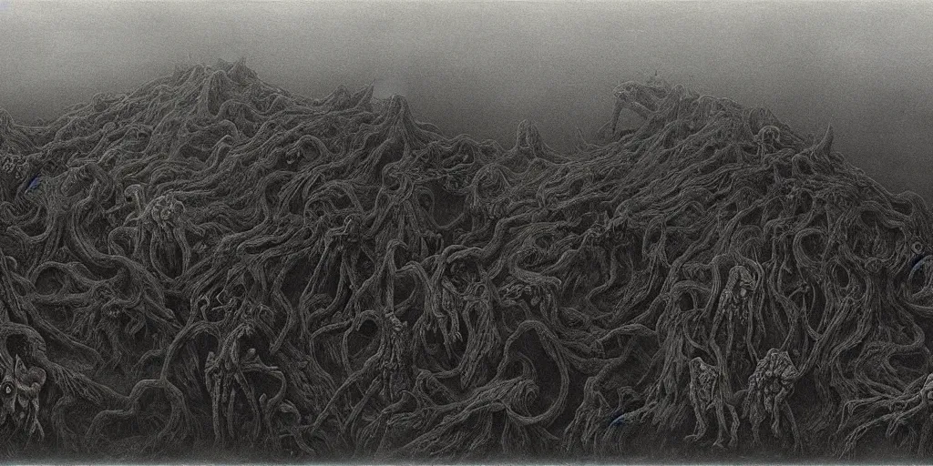 Image similar to a landscape of a plane of hell for visible lovecraftian monsters by zdzisław beksiński