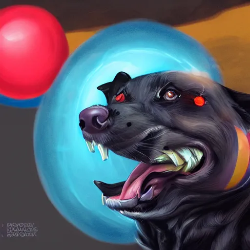 Image similar to snarling hell hound playing with a colorful beachball in hell, digital painting, trending on artstation