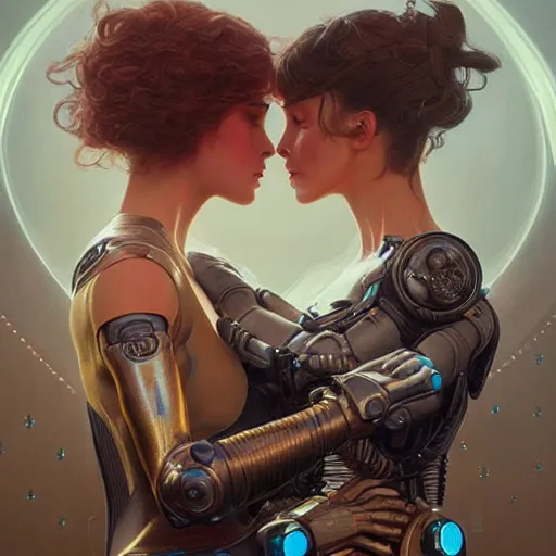 Prompt: Ultra realistic illustration, two women kissing a robot, cyberpunk, sci-fi, fantasy, intricate, elegant, highly detailed, digital painting, artstation, concept art, smooth, sharp focus, illustration, art by artgerm and greg rutkowski and alphonse mucha