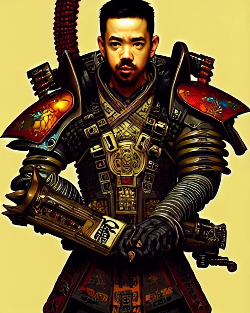 Prompt: portrait of a handsome cyberpunk mike shinoda wearing a samurai armor, beautiful symmetrical face, fantasy, regal, by stanley artgerm lau, greg rutkowski, thomas kindkade, alphonse mucha, loish, norman rockwell.