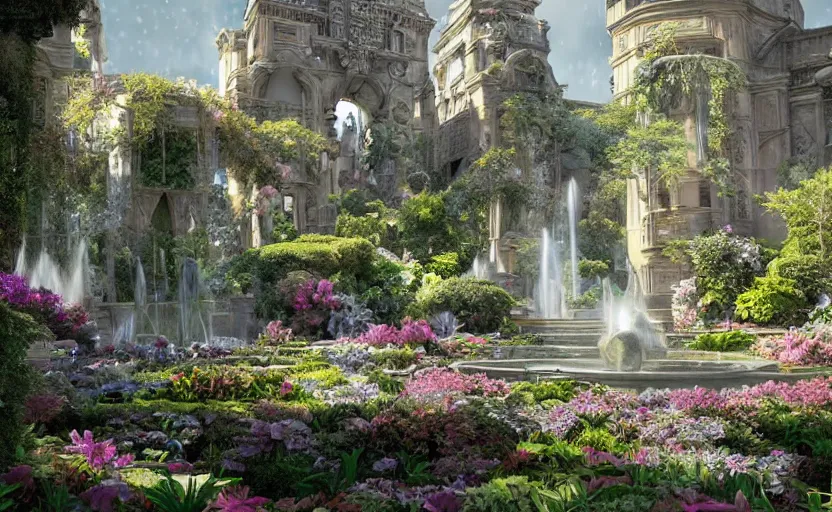 Image similar to A beautiful garden, next to a fountain and a mystical palace, hyperrealistic mixed media, stunning 3d render inspired art by P. Craig Russell and Barry Windsor-Smith + perfect facial symmetry + dim volumetric lighting, 8k octane beautifully detailed render, post-processing, extremely hyperdetailed, intricate futuristic mechanic parts, epic composition, grim yet sparkling atmosphere, cinematic lighting + masterpiece, trending on artstation