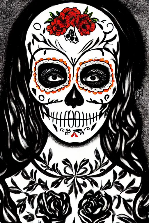 Prompt: illustration of a sugar skull day of the dead girl, art by caravaggio