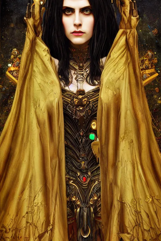 Image similar to portrait of beautiful gothic Alexandra Daddario, cyberpunk, Warhammer, highly detailed, artstation, illustration, art by Gustav Klimt