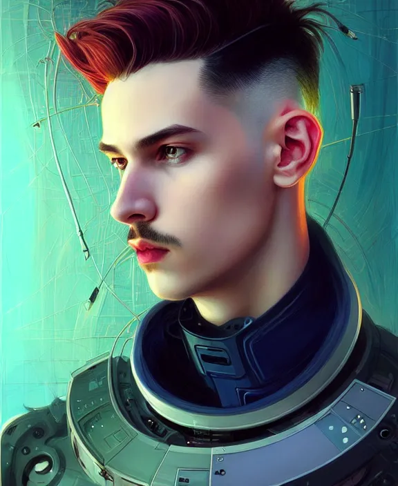 Image similar to a whirlwind inside the metaverse, guy, male, man, science, machine face, fashionable haircut, piercing, half body, neurochip, android, cyberpunk face, by loish, d & d, fantasy, intricate, elegant, highly detailed, colorful, digital painting, artstation, concept art, art by artgerm and greg rutkowski and alphonse mucha