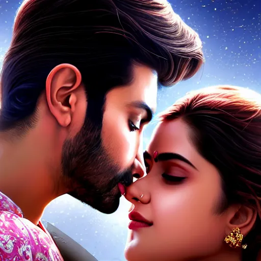 Image similar to perfectly centered bollywood movie promotional poster of young guy and beautiful girl side profile faces symmetrical ; real life portrait, ultra realistic, high coherence, intricate, hdr, highly detailed, photorealistic, octane render, 8 k, unreal engine ; romantic theme, two lovers sharing one heart ; art by artgerm, greg rutkowski, charlie bowater