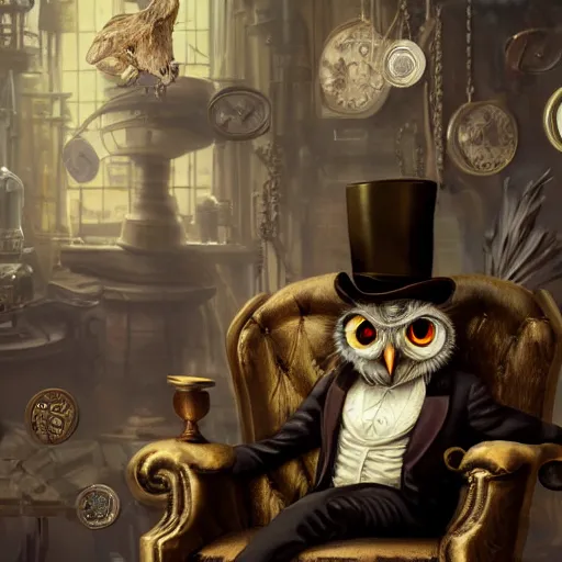 Image similar to oil painting of grumpy rich steampunk owl, sitting in fancy chair, wearing top hat, holding gold coin, steampunk factory background, machines in background, sharp focus, fantasy style, octane render, volumetric lighting, 8k high definition, by greg rutkowski, highly detailed, trending on art Station, magic the gathering artwork, centered,