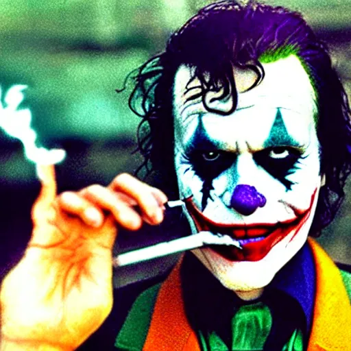 Prompt: photograph of the joker smoking a joint at woodstock, close - up shot, circa 1 9 6 9