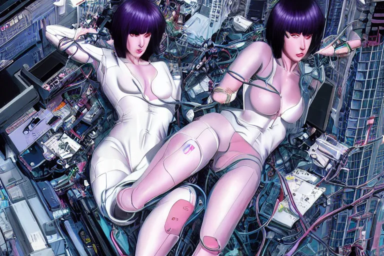 Image similar to a finely composed cyberpunk illustration of a group of motoko kusanagi-like white female androids in style of hajime sorayama, lying on an abstract, empty, white floor with their body parts scattered around and cables and wires coming out, by katsuhiro otomo and masamune shirow, hyper-detailed, intricate, colorful, view from above, wide angle, close up, beautiful