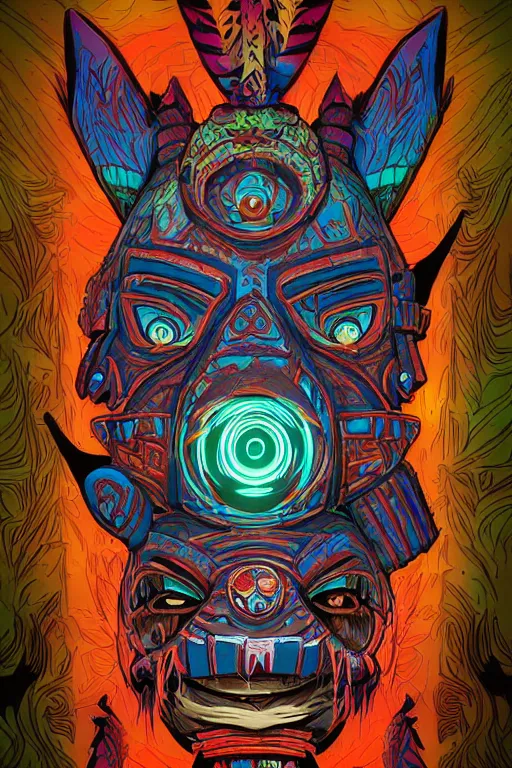 Image similar to totem animal tribal chaman vodoo mask feather gemstone plant wood rock video game illustration vivid color borderlands by josan gonzales and dan mumford radiating a glowing aura