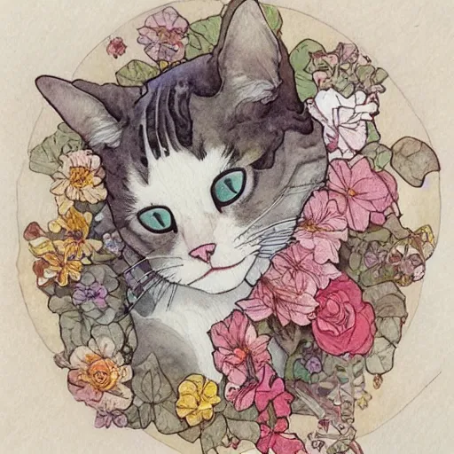 Prompt: a beautiful intricate watercolor illustration of a cat sleeping in the flower garden,, 4 k, ultra - wide angle, by william turner, by victo ngai, by alphonse mucha, by miho hirano, by moebius, hd, trending on artstation, hyper detailed, muted intense colors