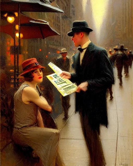 Image similar to attractive man handing out flyers to a broadway show, 1 9 2 0 s new york city, broadway, melancholy, nostalgia, painting by gaston bussiere, craig mullins, j. c. leyendecker