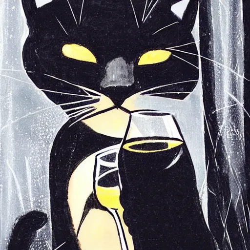 Image similar to a photo of a black cat drinking expensive champagne in a fancy dark bar