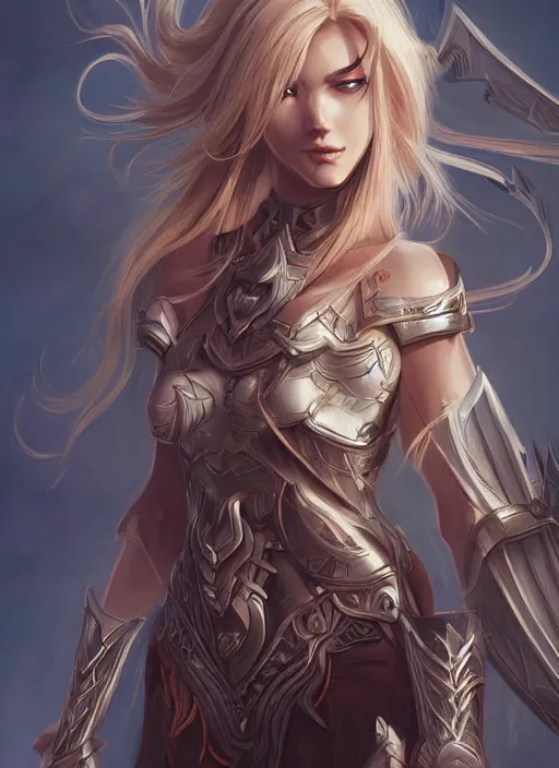 Image similar to beautiful lady, blonde long hair, practical armor, brown skin, demonic eyes, low fantasy, extremely detailed, sharp focus, smooth, digital illustration, by rossdraws, frank franzzeta, sakimichan