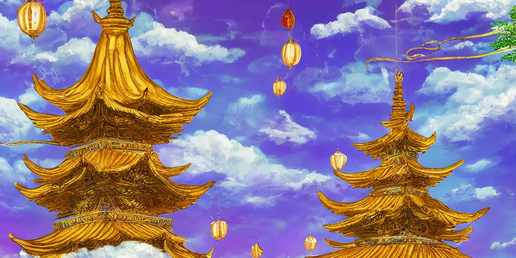 Image similar to wind god enjoying the view from his stone heavenly palace, decorated with windchimes and paper lanterns, nature, clouds and pagodas in background, digital art