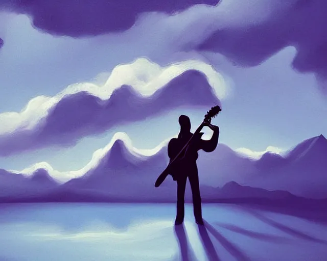 Image similar to A slightly silhouetted figure of a man with a guitar, clouds that look like mountains high in the sky, the clouds are a deep blue purple color with the sun blazing behind the clouds, deep focus, D&D, fantasy, intricate, elegant, highly detailed, digital painting, artstation, oil paint, matte, sharp focus, illustration, hearthstone, art by Ivan Aivazovsky