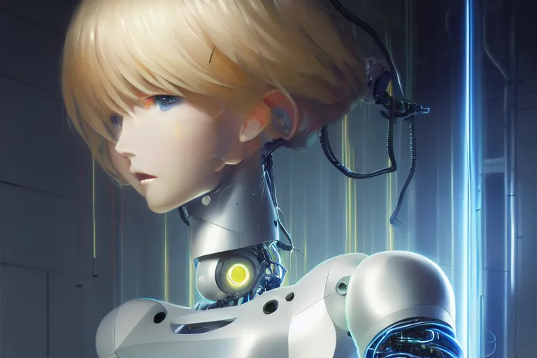 Image similar to datacenter room connects cables young robot server android baroque oil painting finely detailed perfect face flowing long fiberoptics blonde hair robot eyes blue. anime shinkai takeuchi key visual of character concept art metal female robot body suit pixiv fanbox, painted by greg rutkowski