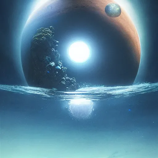 Image similar to a sphere aquarium full of fish inside it. the aquarium is floating in space, in the size of a planet. the moon is in the background. illustration, digital art, realistic, pixar style, by greg rutkowski and ash thorp, vivid colors, detailed, trending on artstation, high quality, cinematic, rule of thirds