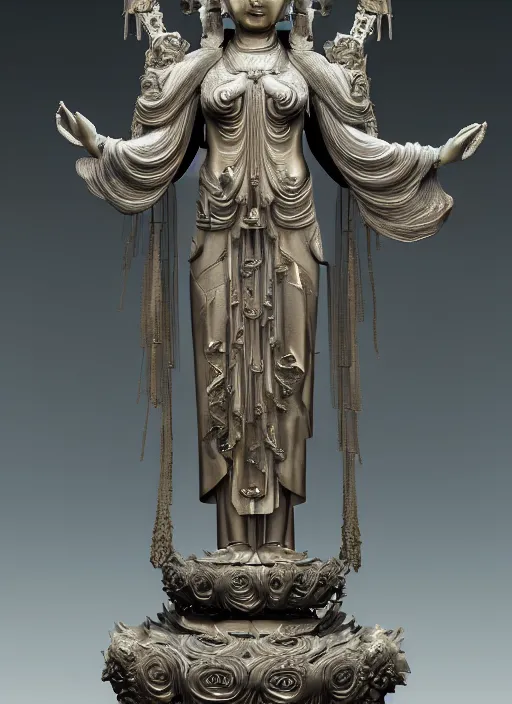 Image similar to a art deco sculpture statue of full body guanyin, intricate complexity,, statue by jane hamilton, ruan jia, character concept, radiant light,, frostbite 3 engine, cryengine, dof, trending on artstation, digital art, fantasy detailed abackground