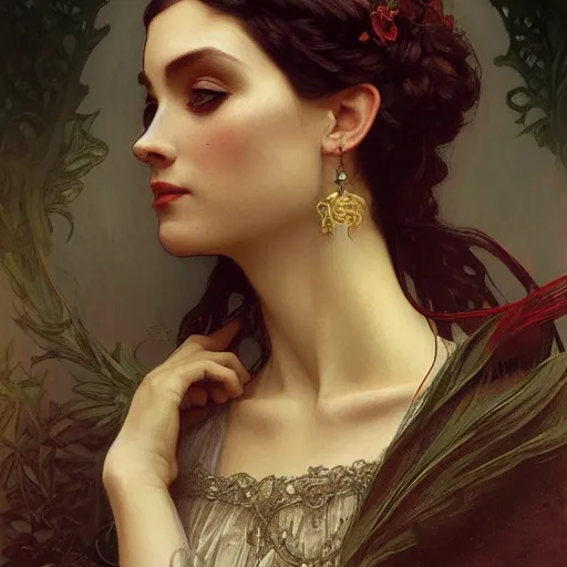 Image similar to portrait of victorian gothic lady, intricate, elegant, highly detailed, digital painting, artstation, concept art, smooth, sharp focus, illustration, art by artgerm and greg rutkowski and alphonse mucha and william - adolphe bouguereau