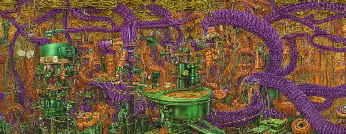 Image similar to a densely packed machine apparatus for making snake oil, huge copper machine with fine purple and green intricate pipework, art by jacek yerka, and ed roth, directed by denis villeneuve, cinematography by robby muller, fine detail, kodachrome 8 k, snake machine