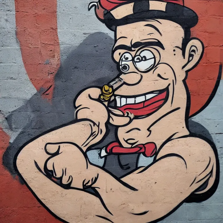 Image similar to Street-art portrait of Popeye the Sailor with the squinting (or entirely missing) right eye, huge forearms with two anchor tattoos, skinny upper arms, and corncob pipe. in style of Edward Hopper, comic character, photorealism