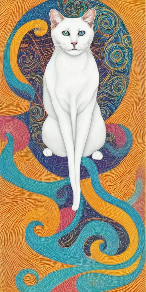 Prompt: white cat by amanda sage, in the style of victo ngai, background vibrant, coloured, mystical swirls, animal portrait